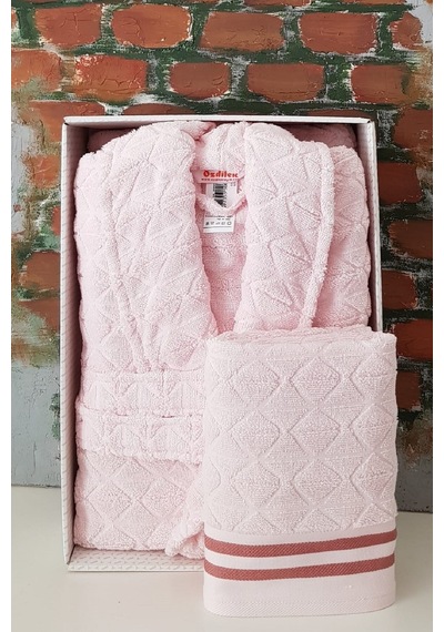 Pembe Squares Şal Yaka Bornoz + Baş Havlusu Set M Beden