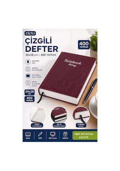 Ciltli Çizgili Defter 400 Yaprak 20x28cm 1 Adet Çok Yapraklı Sert Kapaklı Not Hesap Defteri Okul Ofis Büro Bordo