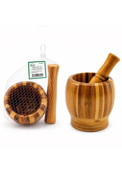 Ahşap Bambu - Çizgili Havan Sarımsak Dövecek Ç: 8cm--d: 7cm--y:10.5cm Fileli Ambalaj 5250