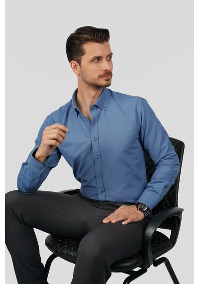 İndigo Yaka Düğmeli Premium Şamre Slimfit Erkek Gömlek Indigo