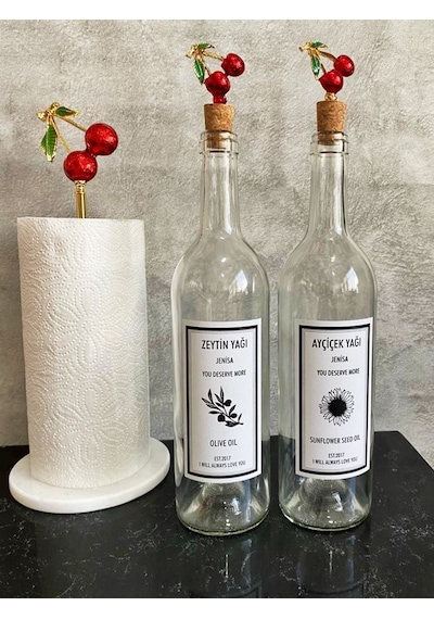 Şeffaf 750 Ml Cam Kiraz Mantar Tıpalı Etiketli Yağdanlık Mermer K