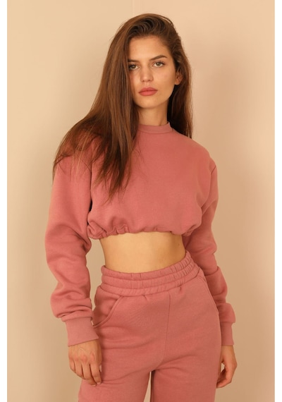Kaktüs Moda Şardonlu 3 Iplik Kumaş Uzun Kol Kadın Sweatshirt Pemb