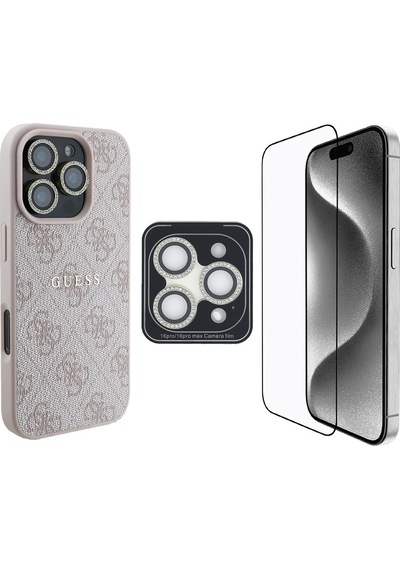 Apple iPhone 16 Pro Uyumlu Guess Lisanslı Kılıf + Ekran Koruyucu + Lens Koruyucu 3in1 Aksesuar Seti Pembe