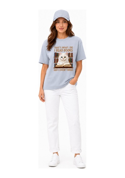 Bayloranzzo The Reader Cat %100 Pamuk Heavy Cotton Premium Kalite Kadın Tişört Gri