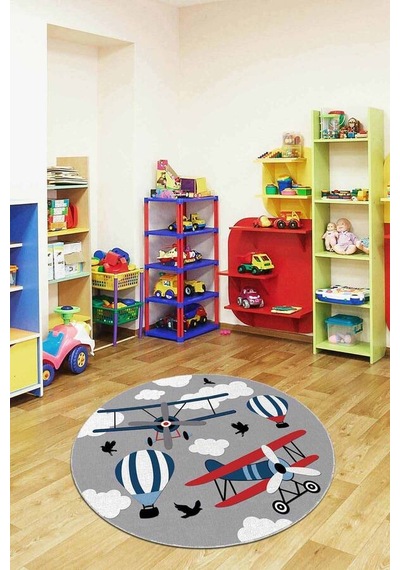 Gri Kaymaz Tabanlı Uçaklı Yuvarlak Çocuk Halısı Ar1020n11