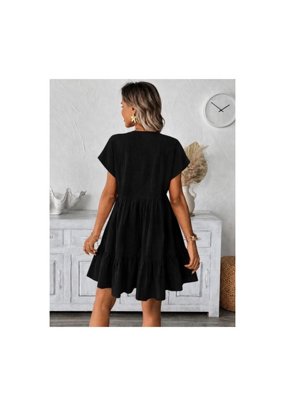 Butik İstanbul Kadın Kısa Kollu V Yakalı Fırfırlı Kısa Elbise Siyah