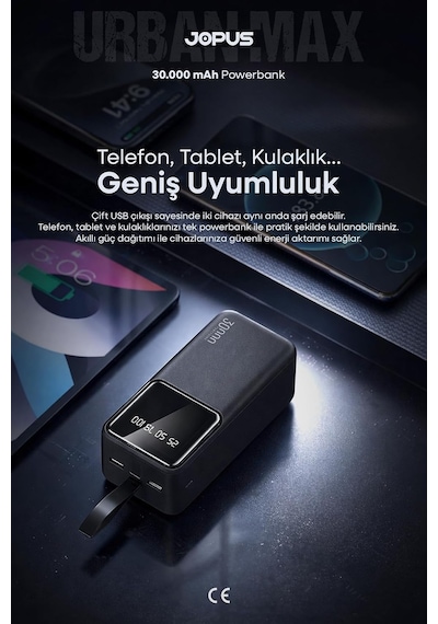 30000mah Powerbank Lcd Ekranlı Taşıma Askılı Güçlü Taşınabilir Şarj Cihazı Siyah, 17500