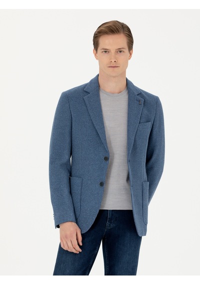 Cacharel Mavi Slim Fit Yün Karışımlı Flanel Ceket