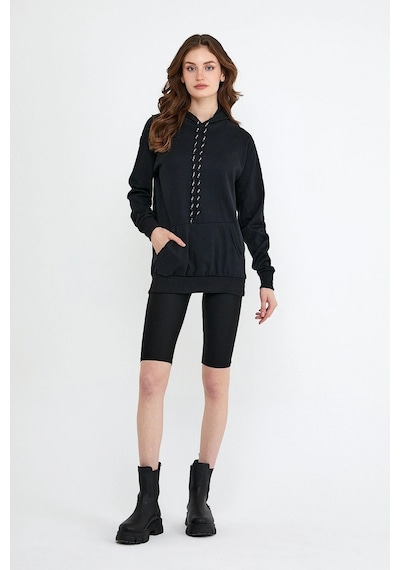 Startmore Kadın Beyaz Kapüşonlu Kanguru Cep Sweatshirt Siyah