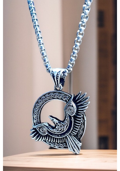 Gümüş Kaplama Krom-çelik Erkek Kolye Madalyon İskandinav Odin Viking Kuzgun Gümüş