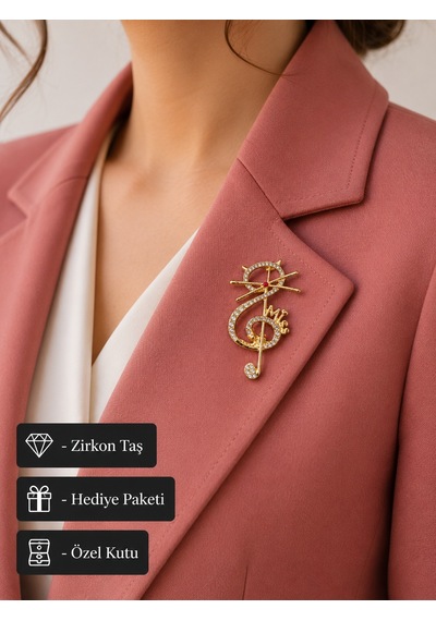Gold Renk Kristal Taşlı Kedi Ve Müzik Notası Tasarımlı Kadın Broş İğne Açık Gri