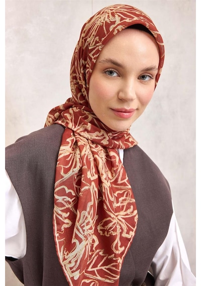 Silk Home Pamuk Polyester Soft Eşarp Kiremit Lilium Desenli Kaymaz Dokulu 90x90 Çok Renkli