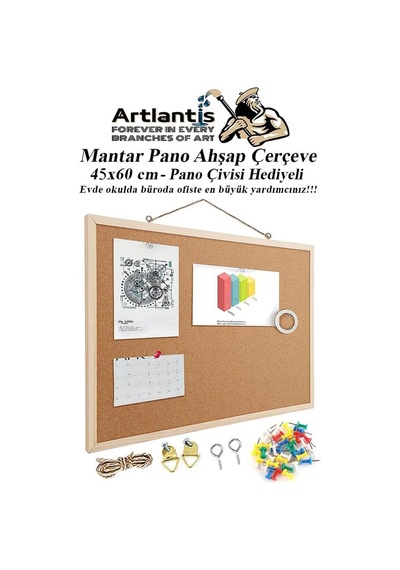 Mantar Pano Ahşap Çerçeve 45x60 Cm 1 Adet Harita Çivisi Hediyeli Duvara Monte Mantar Çerçeve Evde Okulda Büroda O Diğer