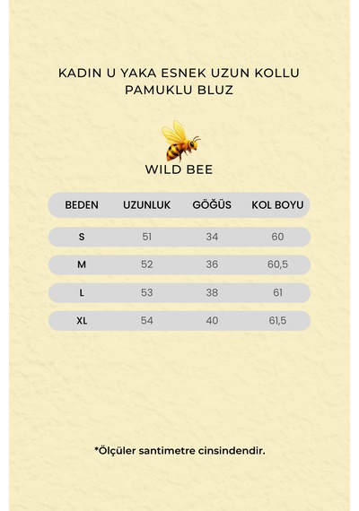 Wild Bee Kadın Kahverengi U Yaka Esnek Uzun Kollu Pamuklu Bluz