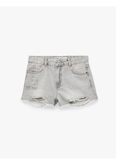 Koton Pamuklu Rahat Kalıp Yıpratma Detaylı Mini Denim Şort Gri 6sal40240md