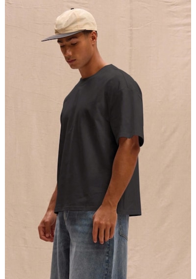 Erkek %100 Organik Pamuklu Kalın Dokulu Comfort Fit Bisiklet Yakalı T-shirt Siyah