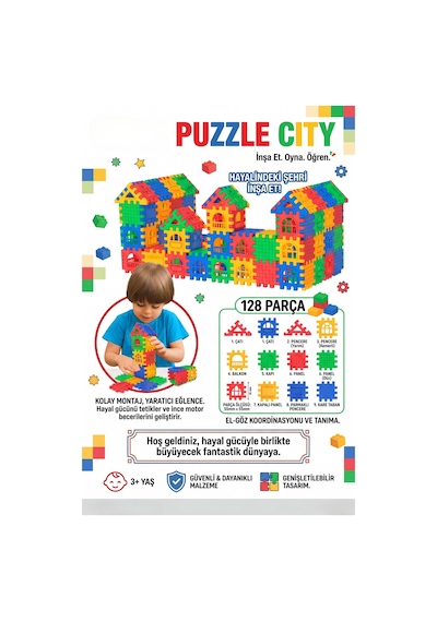 Puzzle City 128 Parça Eğitici Yapı Blokları Tak Çıkar Şehir Kurma Seti 3+ Yaş