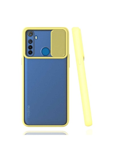 Kilifone - Realme Uyumlu 5i - Kılıf Slayt Sürgülü Arkası Buzlu Lensi Kapak - Sarı
