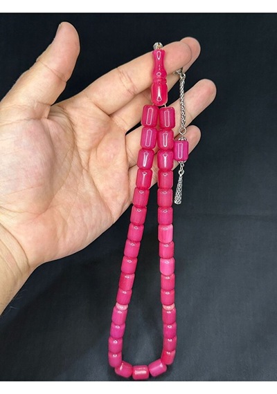 Sıkma Kehribar Tesbih Büyük Boy Pembe Renk 14mm X 11mm T-518