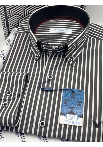 Slim Fit Uzun Kol Premium Kalın Çizgili Yaka Düğmeli Hediye Kutulu Kolay Ütülenebilir Erkek Gömlek Fs-001375 - Siyah-1487