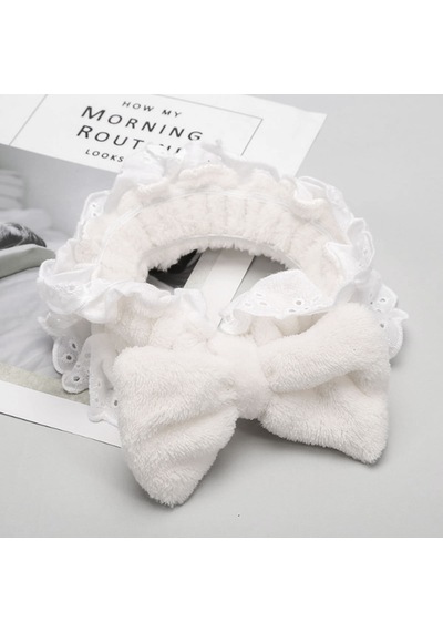 Fırfırlı Peluş Bandana Makyaj Spa Saç Bandı Beyaz Beyaz