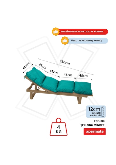 Xpermate Pofuduk Şezlong Minderi 60x180x12cm Su İtici, Turkuaz