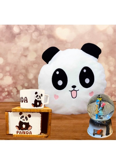 Panda Yastık Ve Kutulu Kupa Hediye Seti Ve Işıklı Kar Küresi Hediye