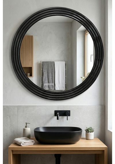 Zümrüt Ahşap Siyah Yuvarlak Ayna Işlemeli Duvar Banyo Aynası 69cm Siyah