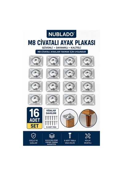 M8 Cıvatalı Mobilya Ayak Bağlantı Plakası 16 Lı Set Masa Koltuk Sehpa Ayak Montaj Aparatı Gri