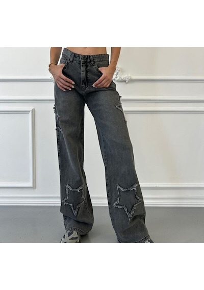 2424 Kadın Yıldız Detaylı Baggy Jeans Kot Denim Pantolon Gri