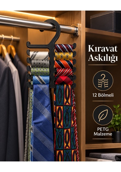 Pratik Dolap İçi Kravat Ve Aksesuar Organizeri 12 Bölmeli Siyah