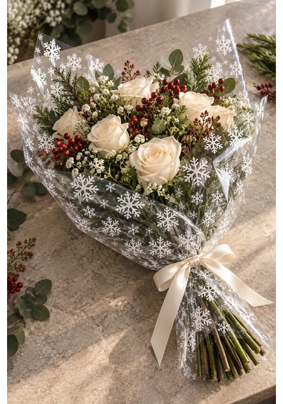 Yılbaşı Kar Tanesi Baskılı Şeffaf Jelatin, 2li Paket, 100x130 Cm, Yeniyıl Hediye Paketleme Jelatini