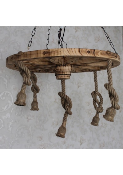 Otantik Çarşı Ahşap Halatlı Teker Avize 70 Cm. 5'Li  K02