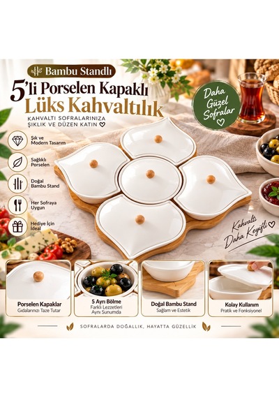 Bambu Standlı 5 Li Porselen Kapaklı Lüks Kahvaltılık Beyaz