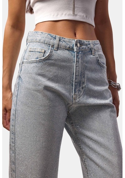 Kadın Ice T-4s6-3 Straight Fit Parlak Taşlı Özel Tasarım Denim Jean Ice Kot