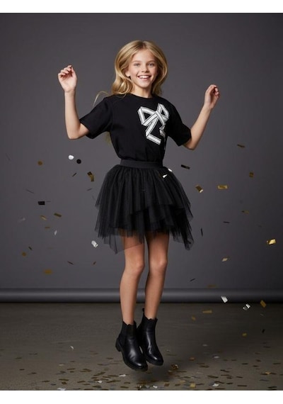 Zekids Kız Çocuk Fiyonk Desenli Yarım Kollu Tasarım T-shirt-16533 Siyah