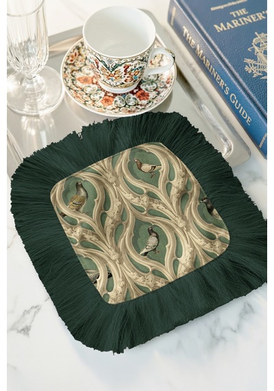 Lüks Gotik Kuş Motifli Saçaklı Sunum Peçetesi - Vintage Avangart Yeşil Bardak Altlığı Mendil Çok Renkli
