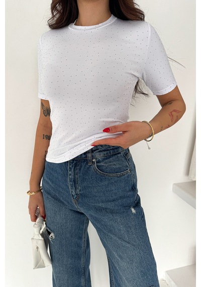 Noa & Noa Kadın Taş Detaylı Kısa Kollu T-shirt Beige Spark Beyaz