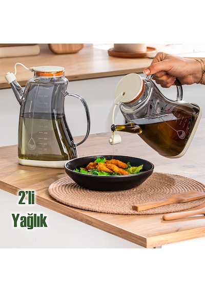 Porsima 3855-2 Şeffaf 2 Li 1lt Borosilikat Cam Zeytinyağ Şişesi - 2li Yağlık Ve Sirkelik Seti Beyaz Beyaz