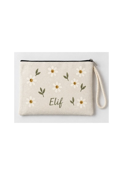 Kişiye Özel Papatya Deseni Baskılı Fermuarlı Makyaj Çantası Bozuk Para Cüzdanı Clutch