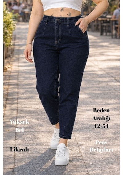 Cedy Denim Mom Fit Jean Büyük Beden Yüksek Bel Carrot Kesim Dar Paça Pileli Esnek Kot Pantolon C600 Lacivert