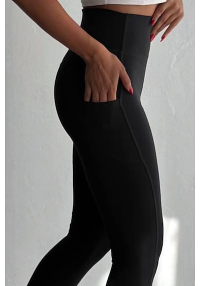 Balenbi Haute Kadın Yüksek Bel Toparlayıcı Çift Cepli Leggings Fitness Tayt 1092 Siyah