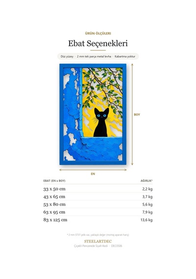 Çiçekli Pencerede Siyah Kedi Metal Tablo 33x50 Cm Çok Renkli