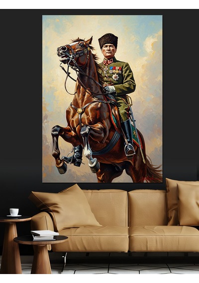Kahverengi Atla Mustafa Kemal Atatürk Dekoratif Kanvas - Mdf Ahşap Tablo