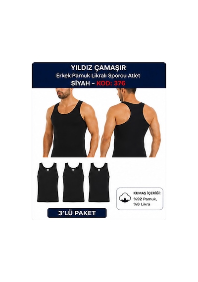 Yıldız Çamaşır Erkek Pamuk Likralı Sporcu Atlet 375-376-377 - 3adet Siyah
