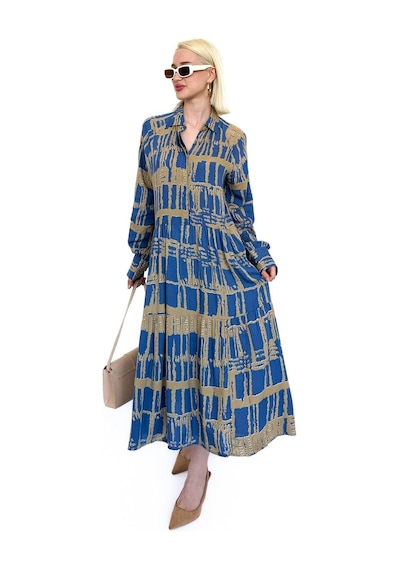 Madmext İndigo Uzun Kollu Düğmeli Desenli Elbise Mg2430 Indigo