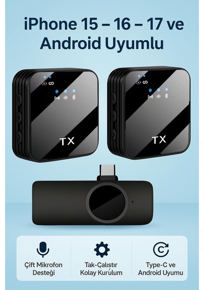 Coverzone Kablosuz Yaka Mikrofonu Çift Mikrofon İphone 15 16 17 İle Uyumlu Type-c Portlu Telefon Pc Sku: Smgstkb7720e426d
