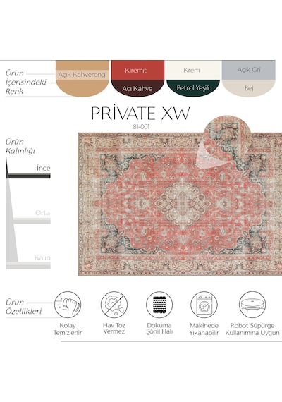 Cool Halı Private Xw Kırmızı Vintage Halı Yıkanabilir Eskitme Klasik Desenli Göbekli Salon Halısı