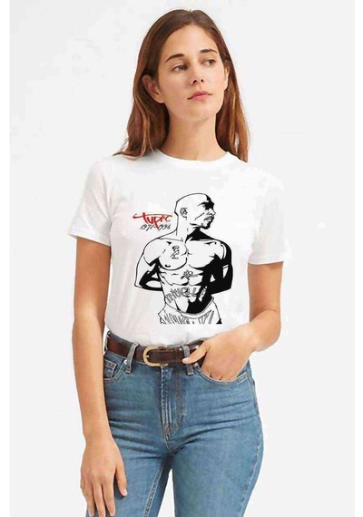 Rap Hiphop 2Pac Rıp Baskılı Beyaz Kadın Tshirt