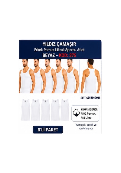 Yıldız Çamaşır Erkek Pamuk Likralı Sporcu Atlet 375-376-377 - 6 Adet Beyaz